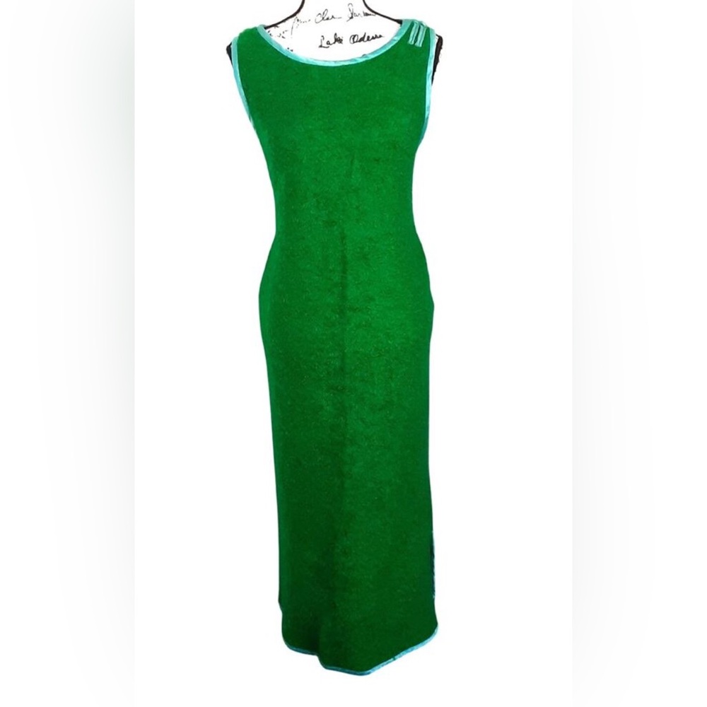 Vintage 1960s Mohair Shift Dress Kelly Green Sleeveless Maxi Length Side Slit
